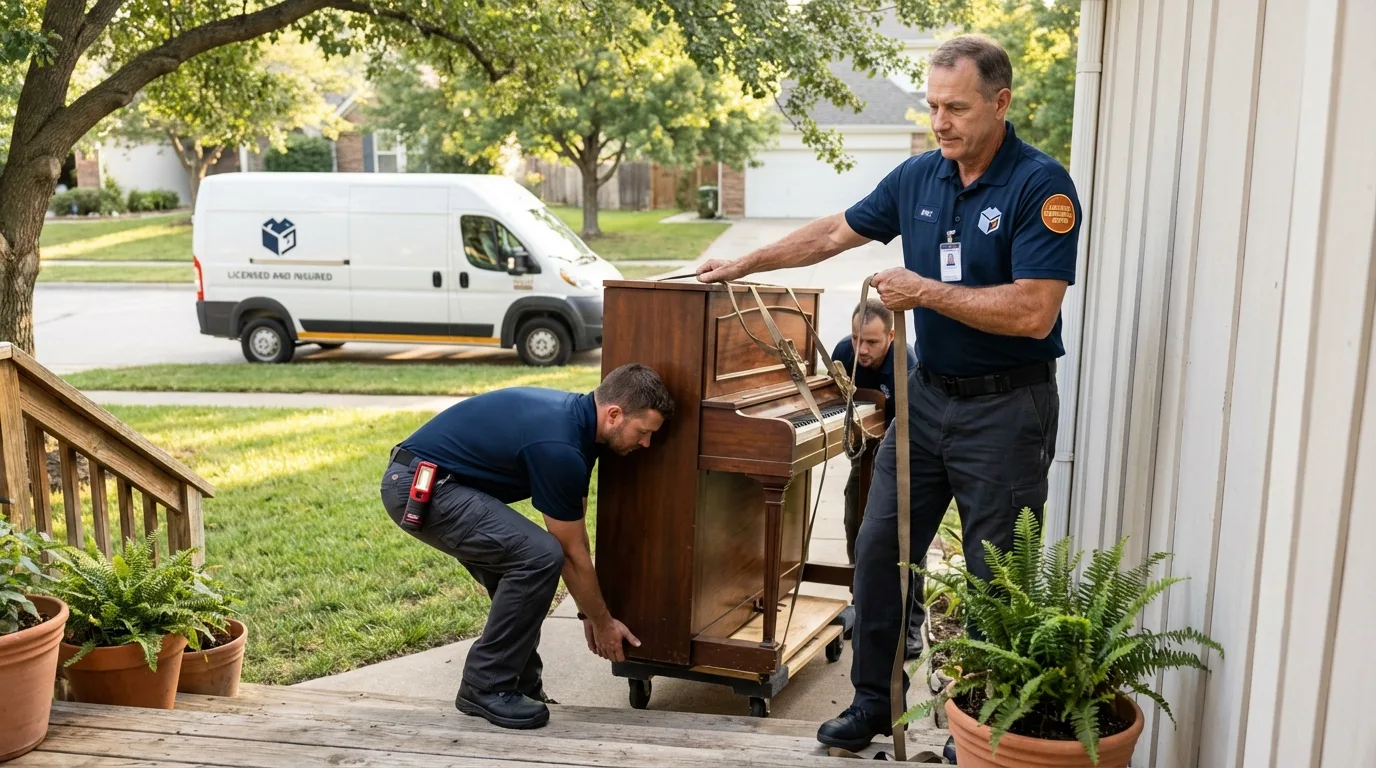 Licensed piano movers securing grand piano in Sperry, OK